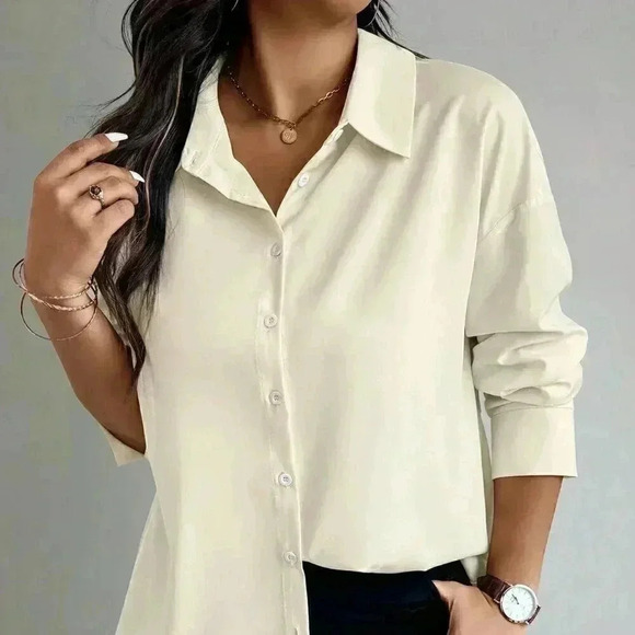 Apricot Casual Women's Plus Size Solid Color Everyday Pleated Long Sleeve Shirt - Picture 1 of 4